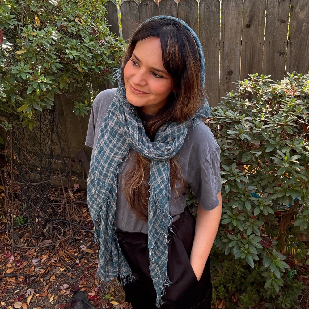 Dusty Teal and Beige Plaid Checkered Guazy Wrap Scarf 🌿
